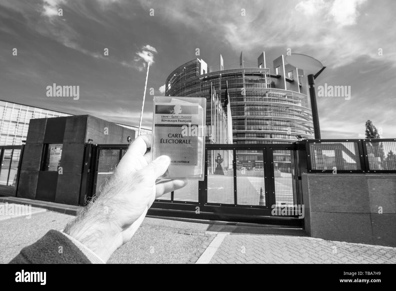 Strasbourg, France - 26 mai 2019 : man main tenant la voiture de l'électorat français Carte électorale à l'entrée du bâtiment du siège du Parlement européen avec tous les indicateurs sur le jour des élections du Parlement européen 2019 - noir et blanc Banque D'Images