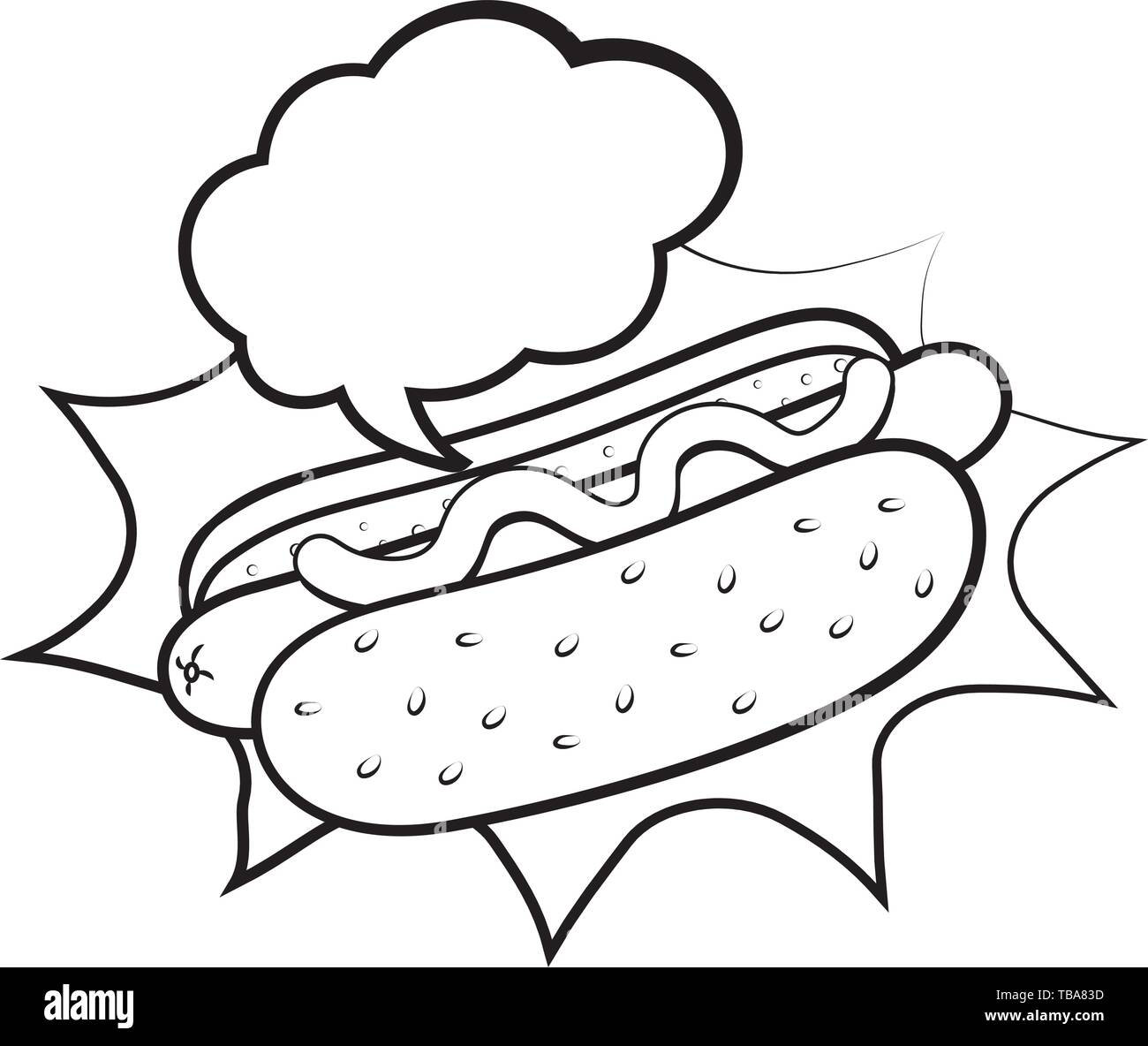 L'icône de hot-dog caricature avec la sauce sur elle et bulle noir et blanc vector illustration graphic design Illustration de Vecteur