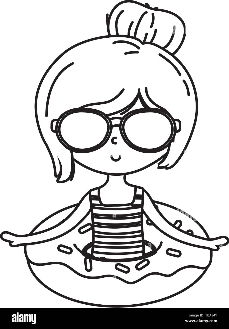 Happy girl enfant avec maillot de bain et lunettes de flottement et d'été et voyage cartoon vector illustration design modifiable en noir et blanc Illustration de Vecteur