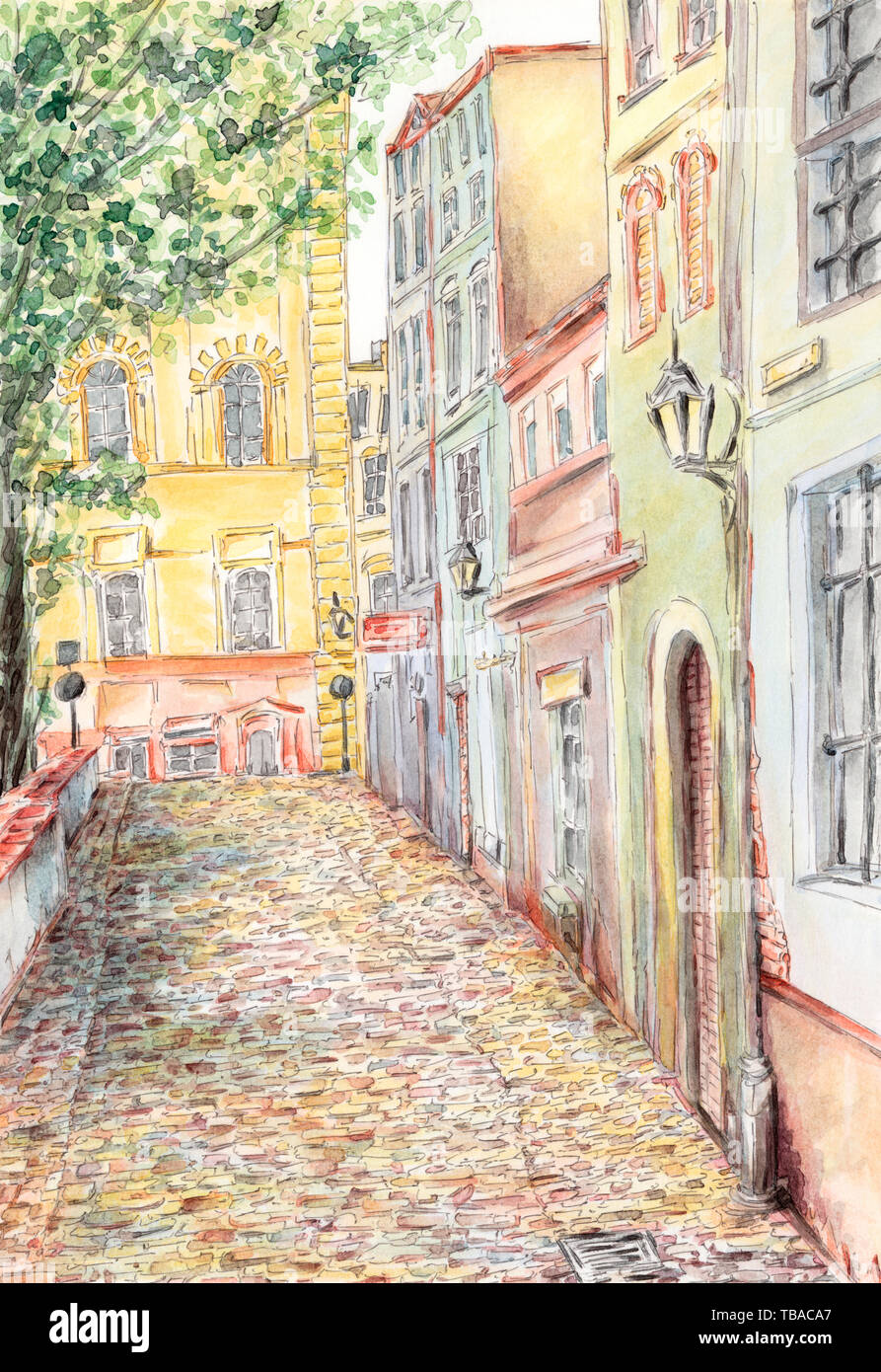 Rue ancienne. Crayon et aquarelle sur papier. Banque D'Images