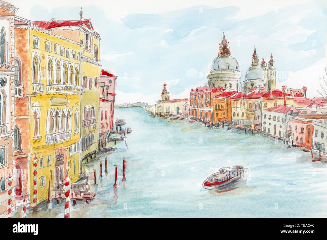 Le Grand Canal. Venise, Italie. Crayon et aquarelle sur papier. Banque D'Images