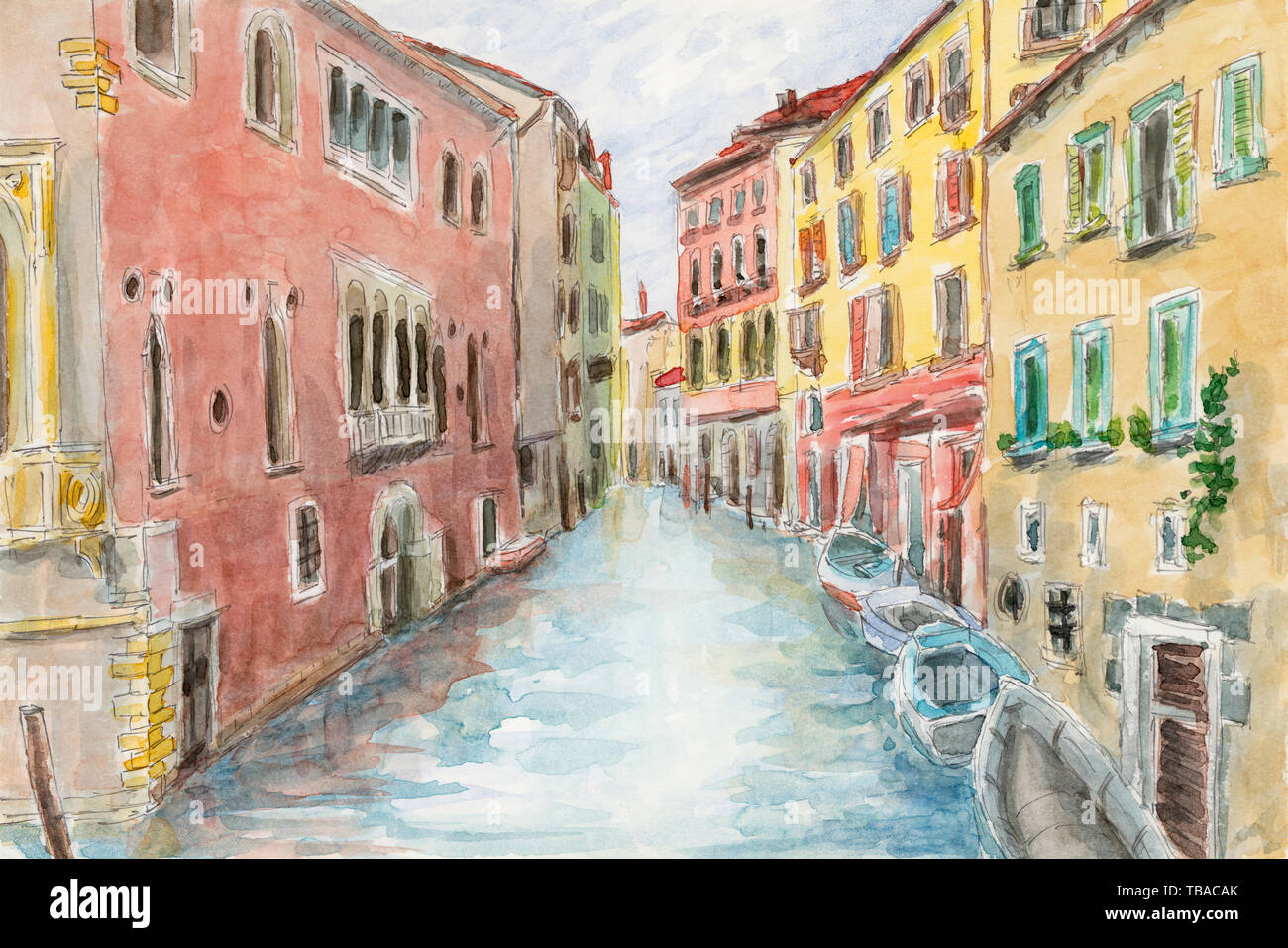 Canal entre bâtiments anciens. Venise, Italie. Crayon et aquarelle sur papier. Banque D'Images