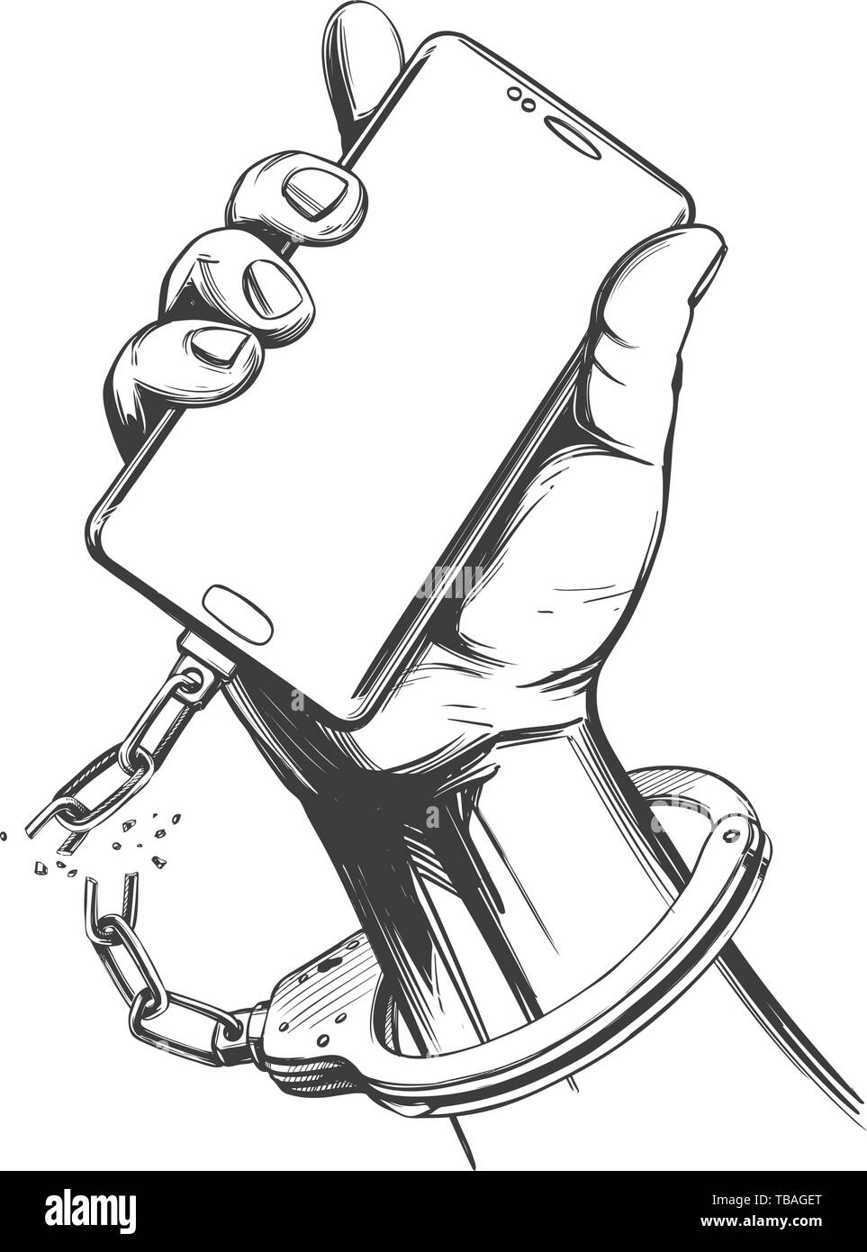 Part des menottes à un smartphone avec une version de la chaîne brisée, la toxicomanie, les médias sociaux, la technologie numérique à la main l'icône vector illustration Illustration de Vecteur