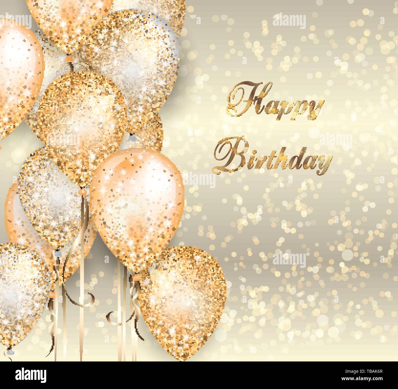 Avec fond blanc et or sur ballons cordes avec gold glitter pour décoration d'anniversaire. Brillant brillant carte invitation réaliste avec effet bokeh Illustration de Vecteur