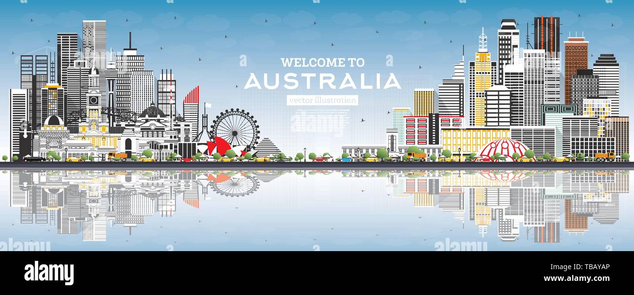 Bienvenue en Australie avec des toits de bâtiments gris, ciel bleu et des réflexions. Vector Illustration. Concept du tourisme avec l'architecture. L'Australie. Illustration de Vecteur