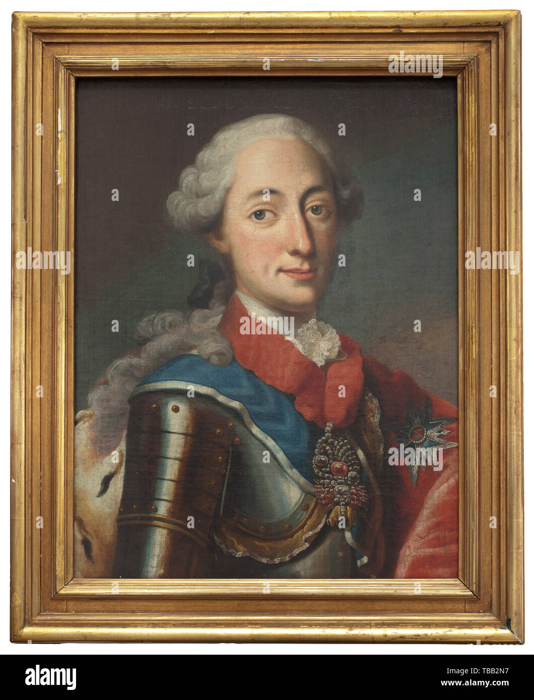 Électeur Maximilien III Joseph (1727 - 1777) - un portrait d'après la peinture de l'artiste peintre à la cour de Munich George Desmarées (1697 - 1776), l'inscription à l'armor et de l'hermine, avec Golden Fleece Commander sertis de diamants ainsi que chambre de chevalier de la Ordre de Saint George. Huile sur toile, doublé, dans un cadre doré de date antérieure, les dimensions de l'image 72,5 x 53,5 cm. Bon, peut-être la qualité de l'atelier de George Desmarées. Max III était le fils de l'Empereur Charles VII, il s'est concentré sur la modernisation, le progrès économique et artistique de l'artiste , en Bavière n'a pas d'auteur pour être effacé Banque D'Images