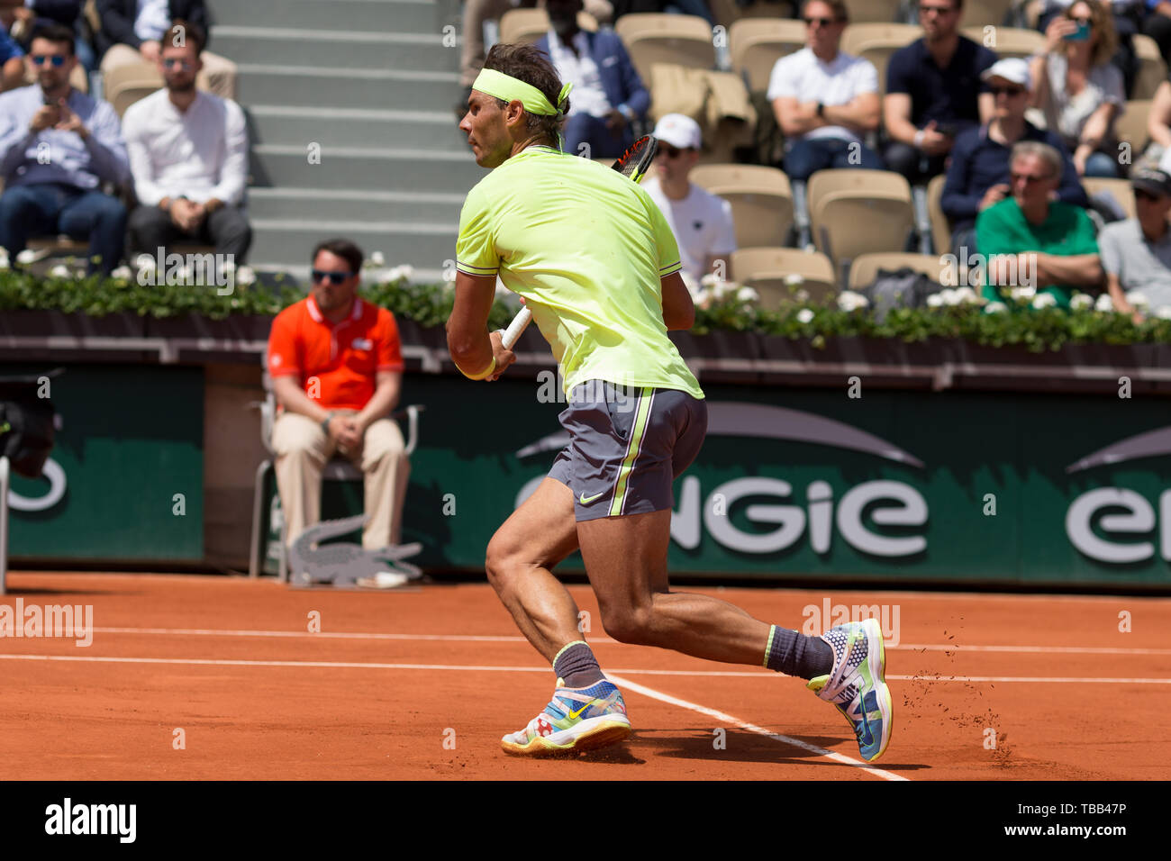 Rafael Nadal de l'Espagne pendant 9 jour d'Open de France le 29 mai 2019 à Paris, France Banque D'Images