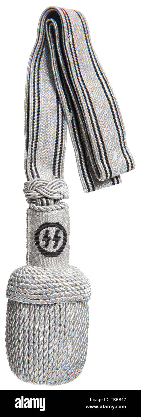 La COLLECTION JOHN PEPERA Degen, UN Portepee pour officier SS, argent clair/fil aluminium gaufre modelé 20 mm bracelet tress noir rayures verticales avec filetage de chaque bord extérieur. Argent/aluminium et glisser la tige tissés avec les runes SS noir entouré par une bordure circulaire noir de chaque côté. Fil aluminium argent/couronne et la balle. Pièce en médaillon de l'appariement des arbres dans le bas, Editorial-Use. évidement ovale-seulement Banque D'Images