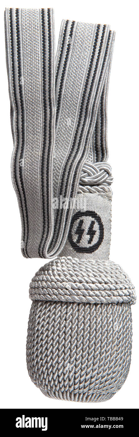 La COLLECTION JOHN PEPERA Degen, UN Portepee pour officier SS, argent clair/fil aluminium gaufre modelé 20 mm bracelet tress noir rayures verticales avec filetage de chaque bord extérieur. Argent/aluminium et glisser la tige tissés avec les runes SS noir entouré par une bordure circulaire noir de chaque côté. Fil aluminium argent/couronne et la balle. Pièce en médaillon de l'appariement des arbres dans le bas, Editorial-Use. évidement ovale-seulement Banque D'Images