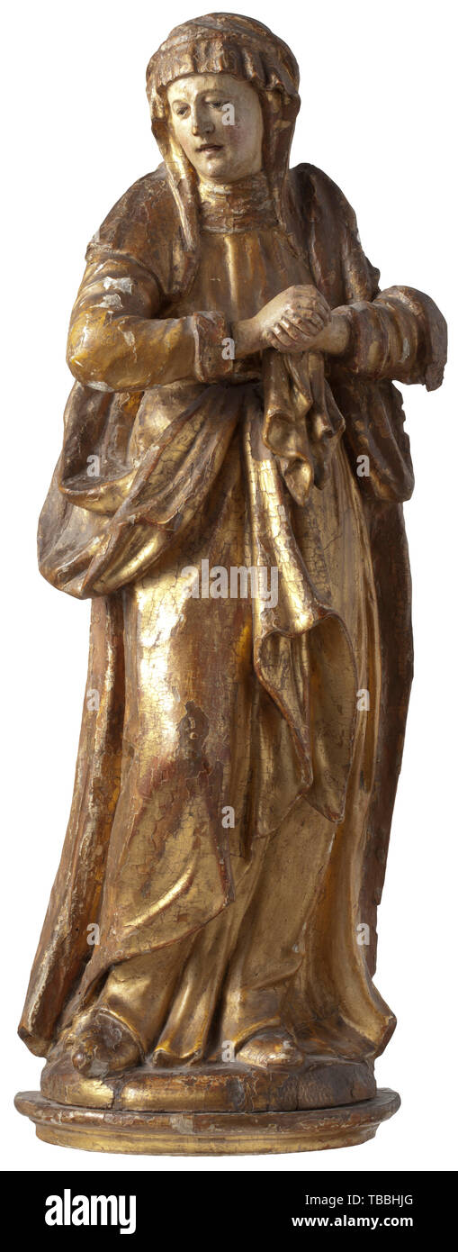 Une sculpture de Marie de l'Allemagne du Sud, vers 1700 sculpture faite à partir de bois en demi-relief, provenant probablement d'un groupe de la crucifixion. Marie debout avec les mains croisées, à la recherche sur le côté. Ancienne version couleur, frappé avec des imperfections. Sur un socle semi-circulaire. Hauteur 53 cm., historique, artistique, historique, Additional-Rights Clearance-Info-art-Not-Available Banque D'Images