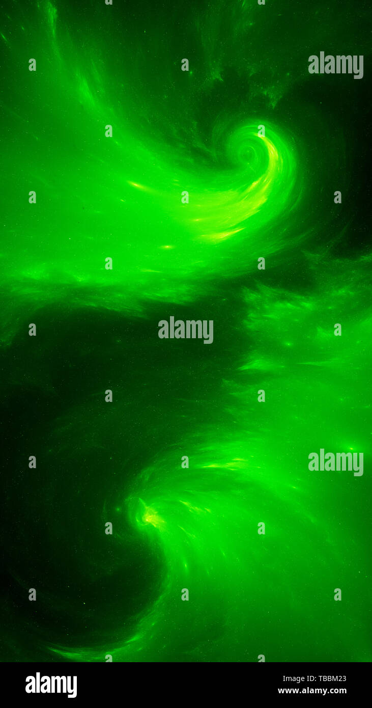 Nébuleuse spirale double lumineux vert dans l'espace modèle de smartphone, générée par ordinateur résumé fond, 3D Rendering Banque D'Images