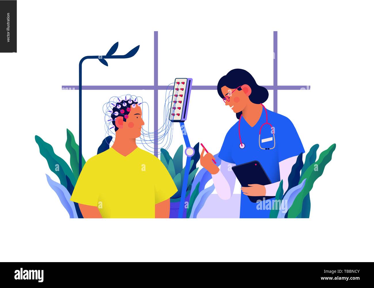 Des tests médicaux - Modèle - EEG électroencéphalographie - télévision moderne concept vector illustration numérique d'encéphalographie procédure - un patient avec Illustration de Vecteur