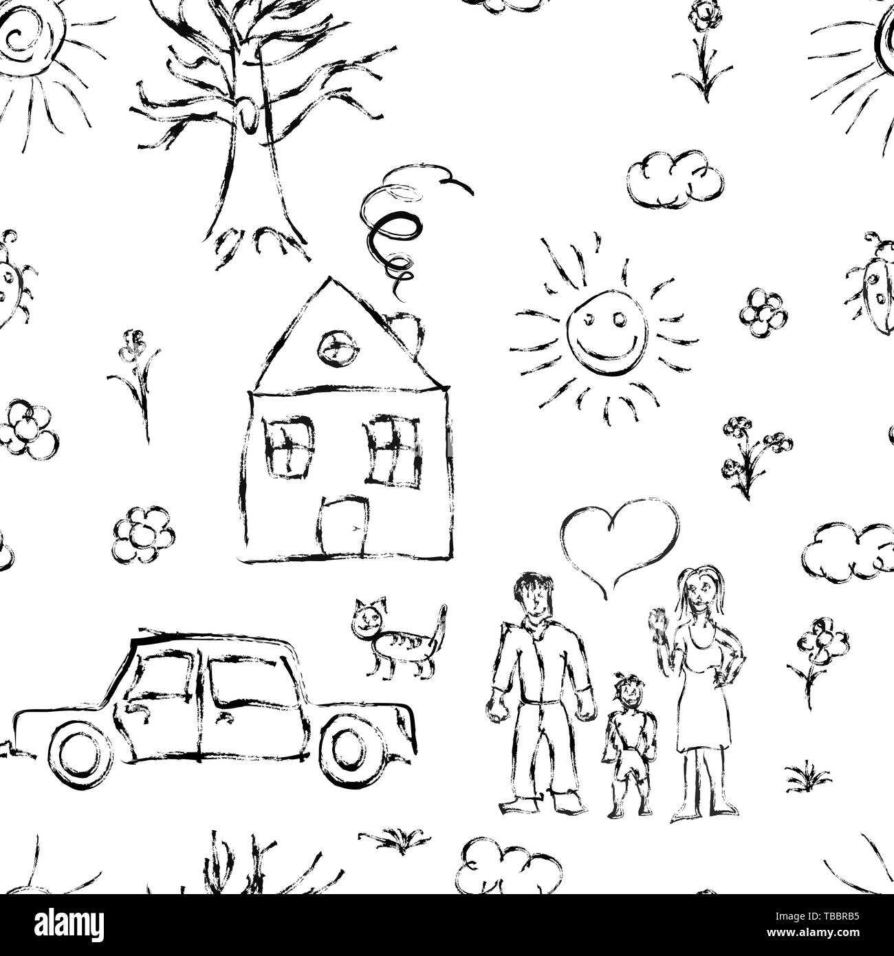 L'enfant noir mignon objets dessinés à la main, comme la famille, fleurs, maison, l'herbe, arbre, soleil et chat, motif transparent sur fond blanc Illustration de Vecteur