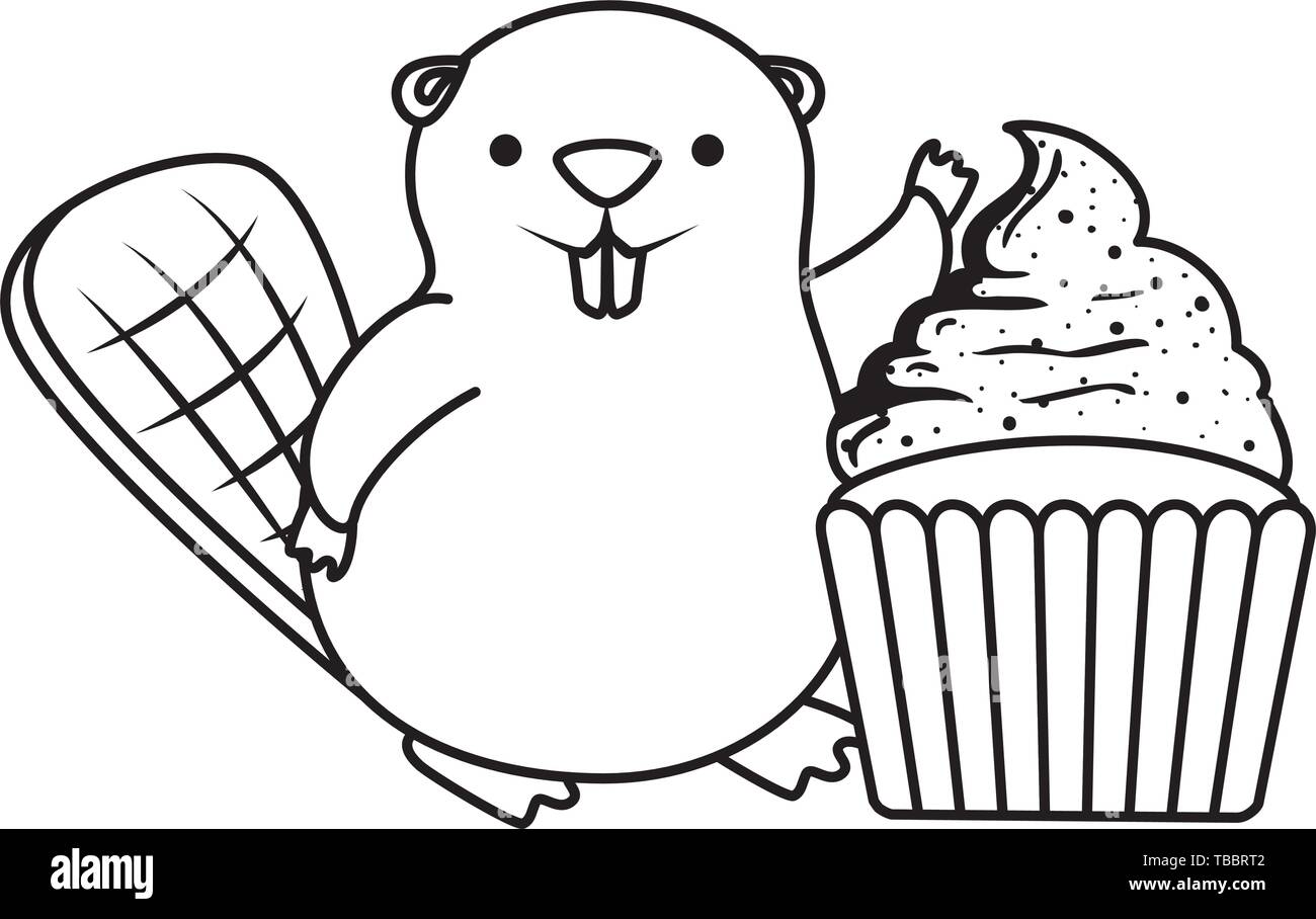 Mascotte de castor avec sweet cute cupcake Illustration de Vecteur