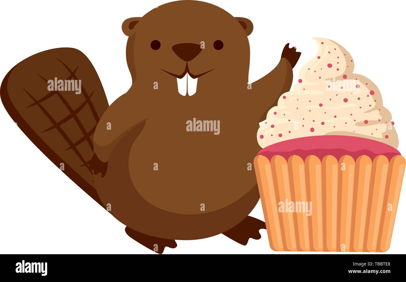 Mascotte de castor avec sweet cute cupcake Illustration de Vecteur