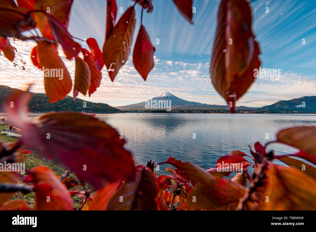 Le Mont Fuji et le lac Kawaguchiko dans les feuilles d'automne Banque D'Images