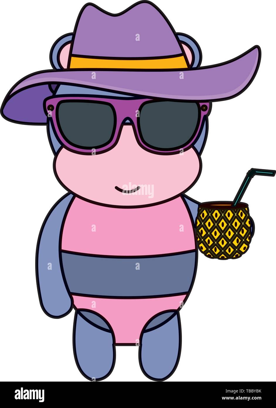 Mignon femelle hippo avec summer hat et cocktail d'ananas Illustration de Vecteur