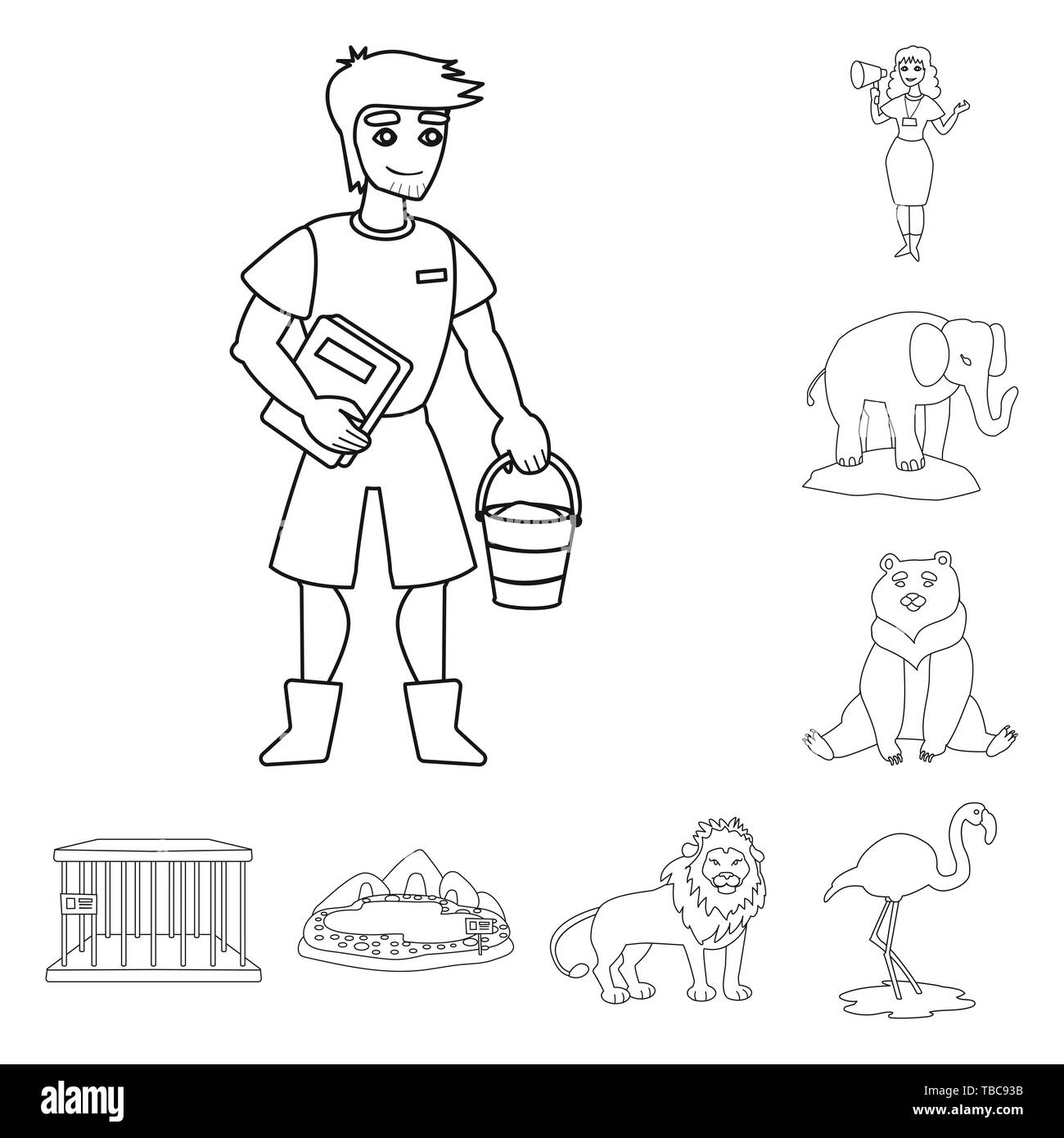 Zookeeper,ours,l'éléphant,cell,lac,lion,femme,homme,flamingo,mignon,brun,vide,piscine,gardien,rose,Afrique,dormir,prison,jungle,pierre,funny,seau,sud,message,Russie,metal,natation,mane,animation,parc,zoo,Safari,animal,nature,faune,flore,fun,set,icône,,illustration,collection,isolé,design,graphisme,élément signe,ligne,plan,vecteurs vecteur , Illustration de Vecteur