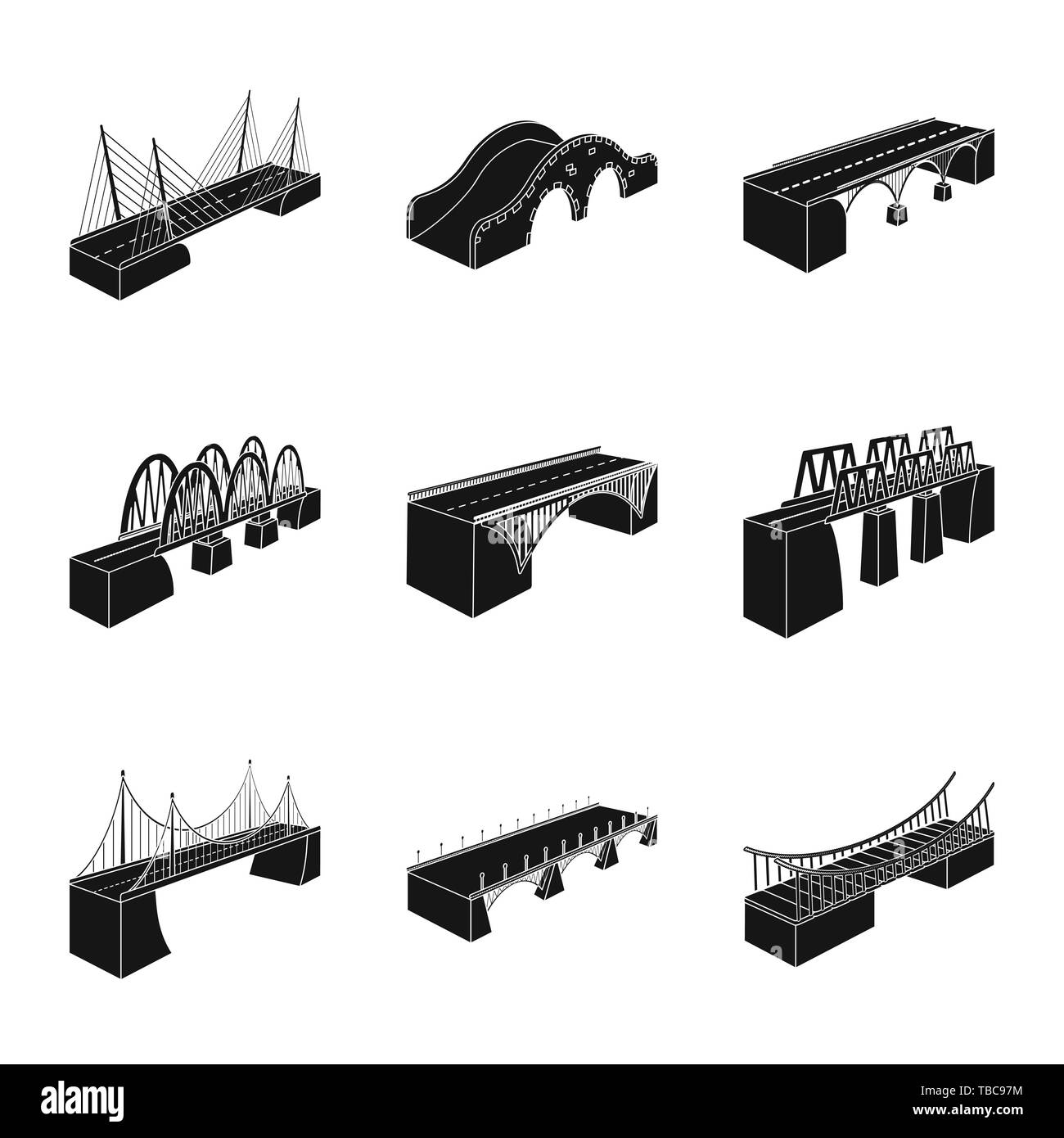 Bridge,construction,fer,montage,piétonne,modernes,rock,des,cable,train,historique,la mer,côte,coffrage,,réinstallation,suspension,suspension,rivière,fer,brique,autoroute,banque,metal,assistance,colonne prop, mains courantes,ponts,côté,architecture,vue,vue,passage,structure,design,connexion,set,icône,,illustration,collection,isolé,graphique,élément,signer,Black,de simples vecteurs vecteur , Illustration de Vecteur