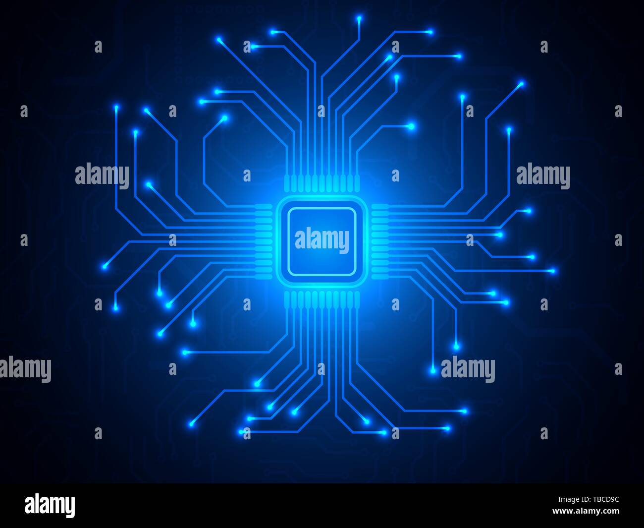 Puce processeur sur fond bleu. Microprocesseur avec connexions lumineuses. Lumière abstraite toile technologique. Illustration vecteur de tendance. Illustration de Vecteur