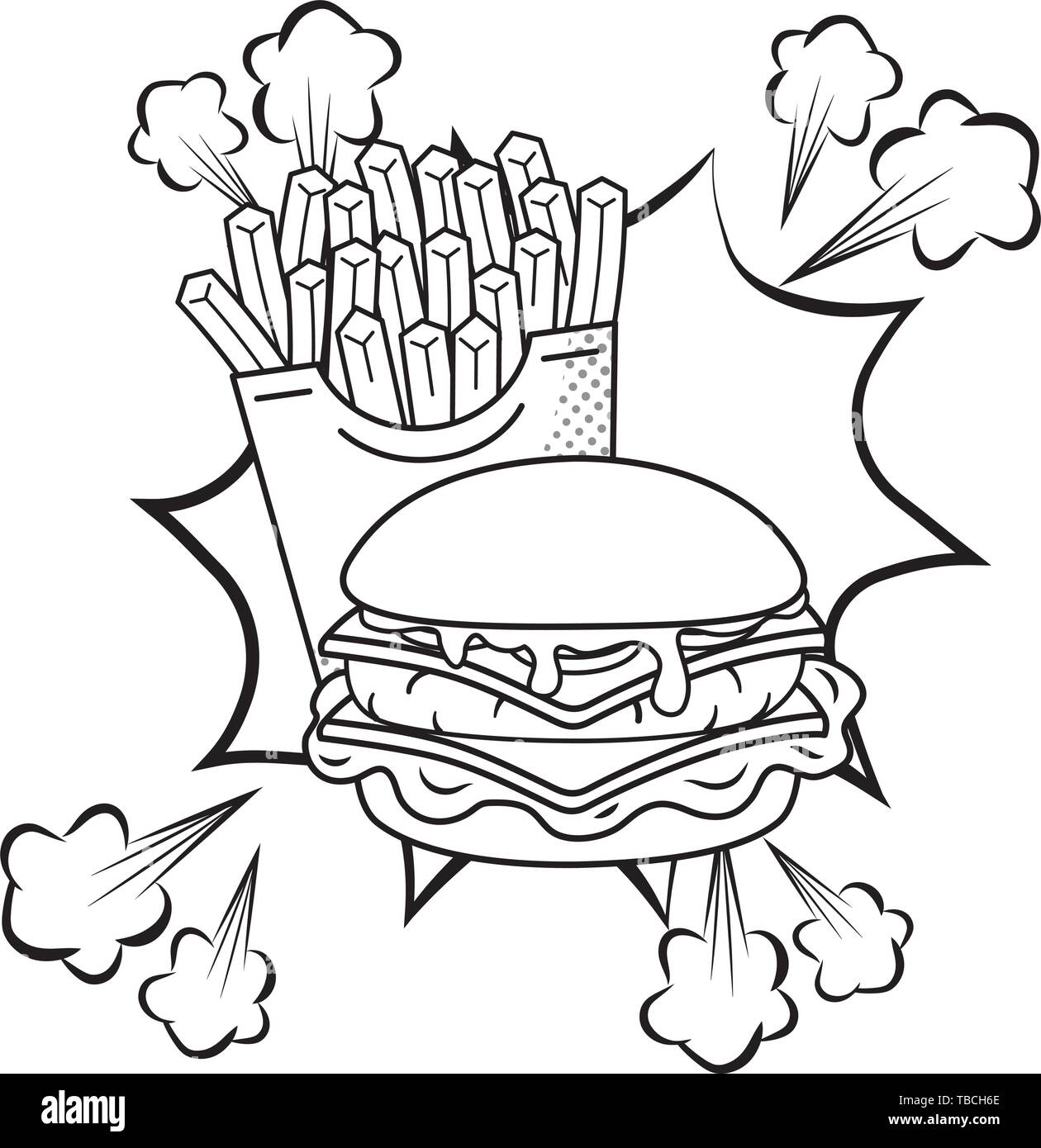 Hamburger Et Frites En Noir Et Blanc L Icone Cartoon Vector Illustration Graphic Design Image Vectorielle Stock Alamy
