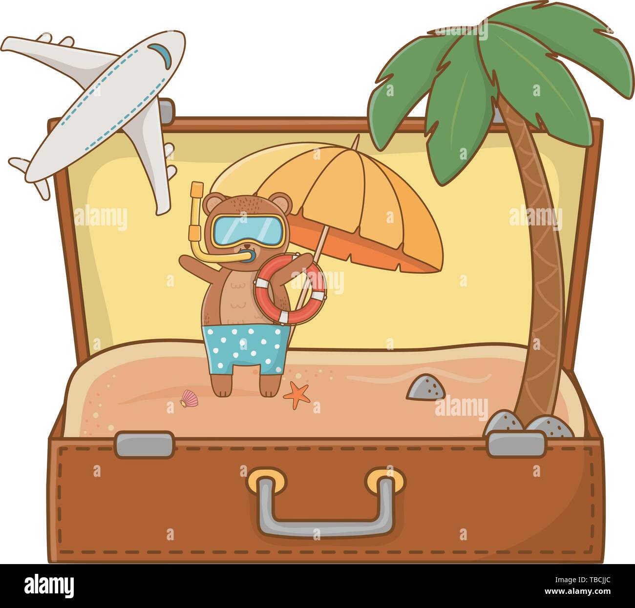 De l'été vacances détente moment heureux mignon petit ours animal voyage  intérieur valise sur scène de plage et de sable étage avec palm beach et  parasol avec vol d'un avion cartoon vector