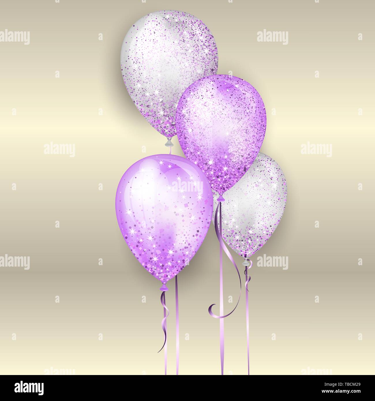 Brillant volant blanc et violet brillant 3D réaliste avec des ballons à l'hélium et du ruban d'or glitter sparkles, parfait pour la décoration d'anniversaire brochur Illustration de Vecteur