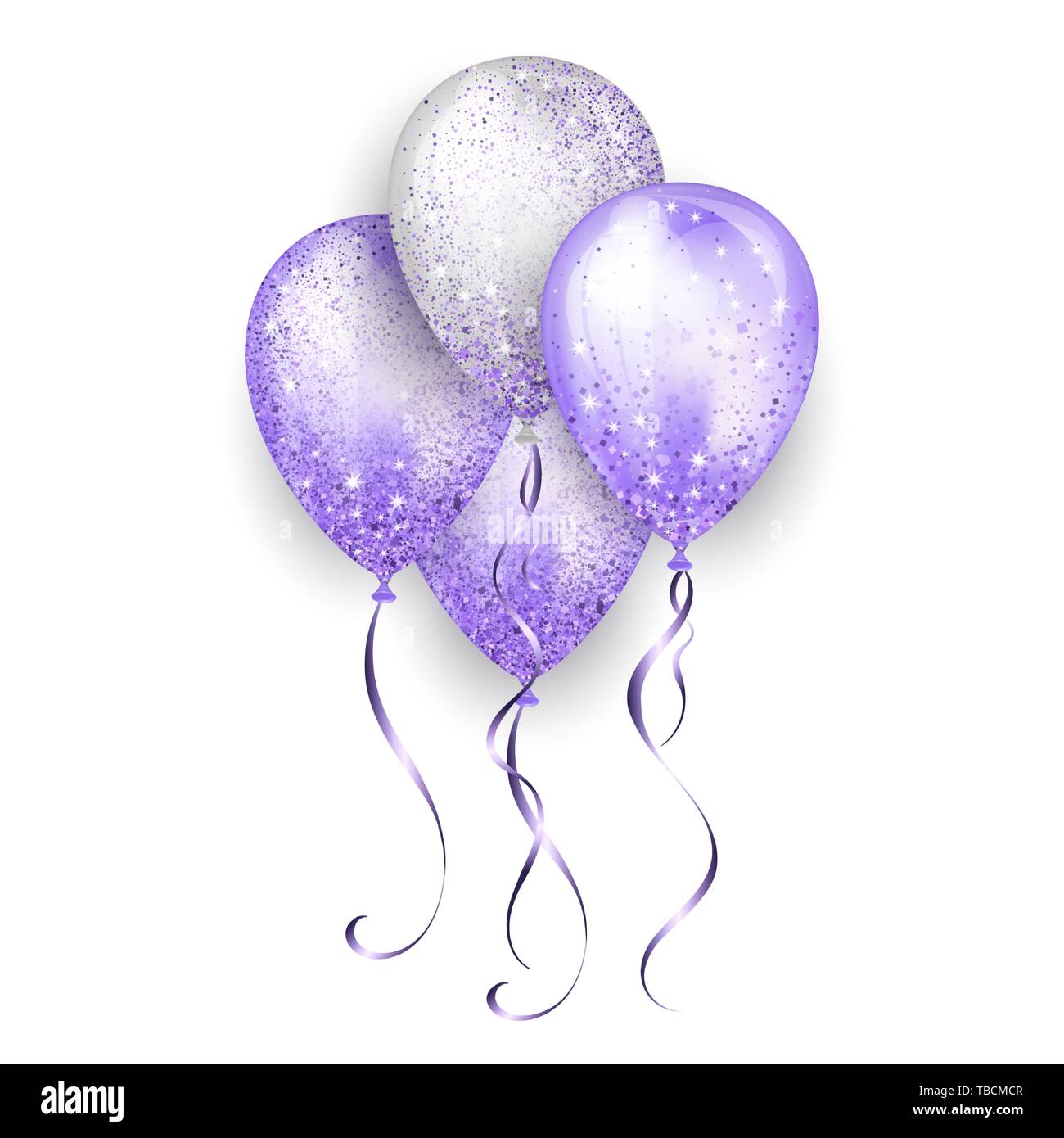 Brillant volant blanc et violet brillant 3D réaliste avec des ballons à l'hélium et du ruban d'or glitter sparkles, parfait pour la décoration d'anniversaire brochur Illustration de Vecteur