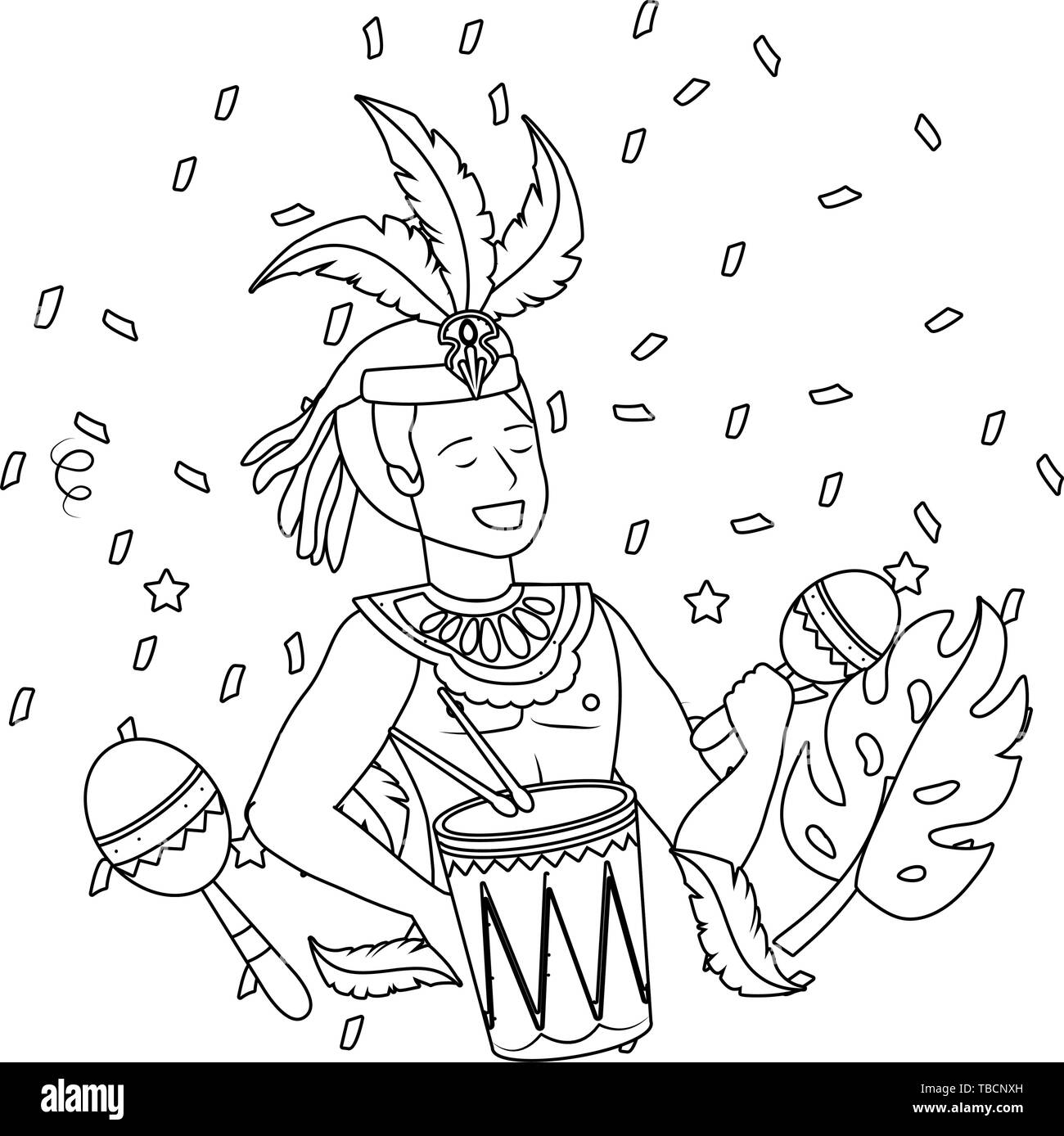 Homme avec une coiffure de plumes fête avec tambour et trompette maraca Brésil carnival vector illustration graphic design Illustration de Vecteur