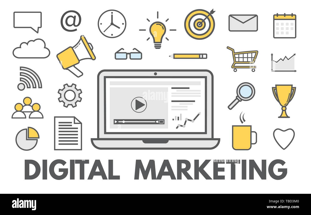 Concept de marketing numérique. Les affaires en ligne et l'achat. Réseau social. Publicité et promotion. Icônes modernes de conception. Vector illustration. Illustration de Vecteur