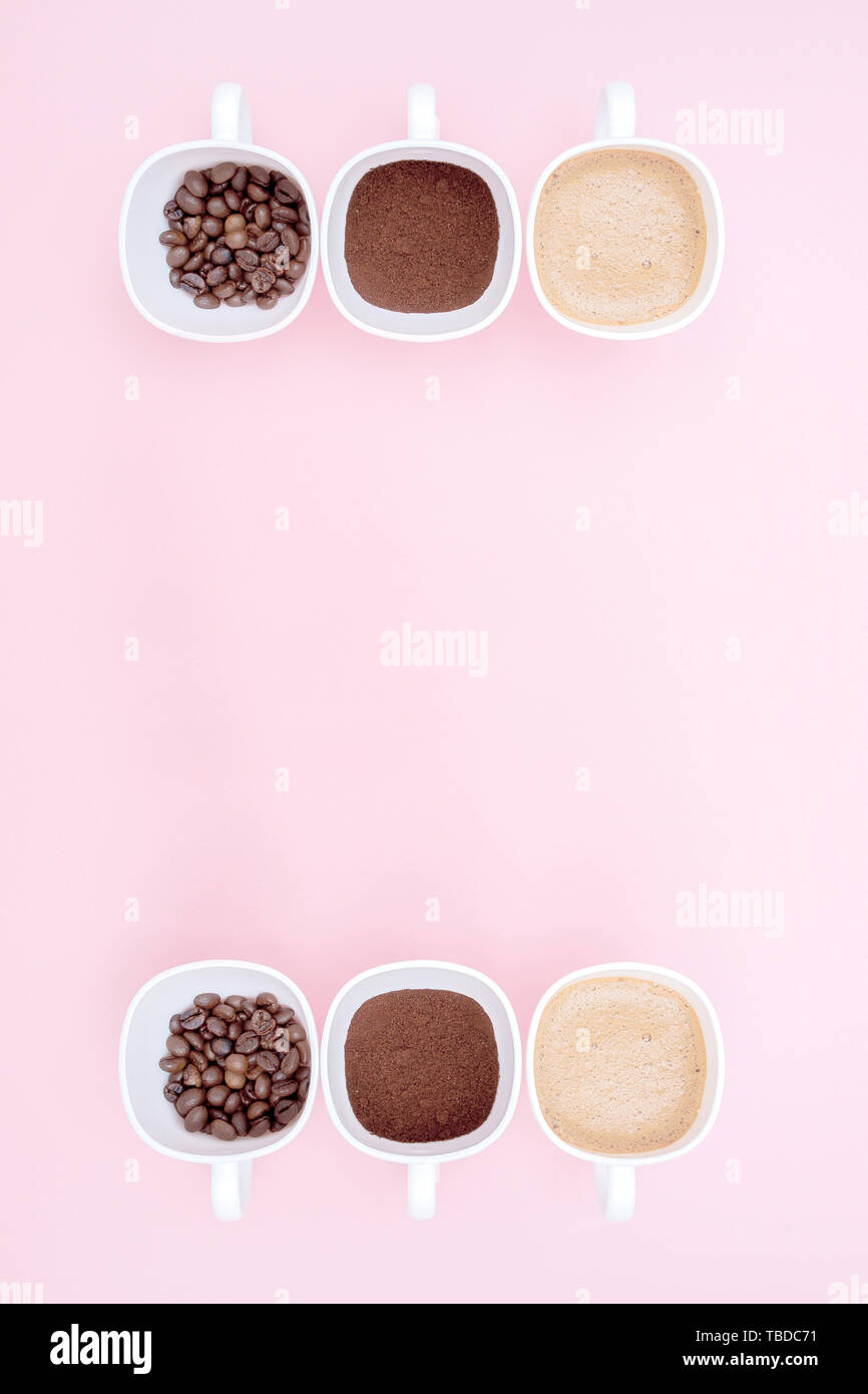 Trois tasses de café de différence à la préparation ou la fabrication de café verre isolé sur fond rose, copiez l'espace. Vue d'en haut. Banque D'Images