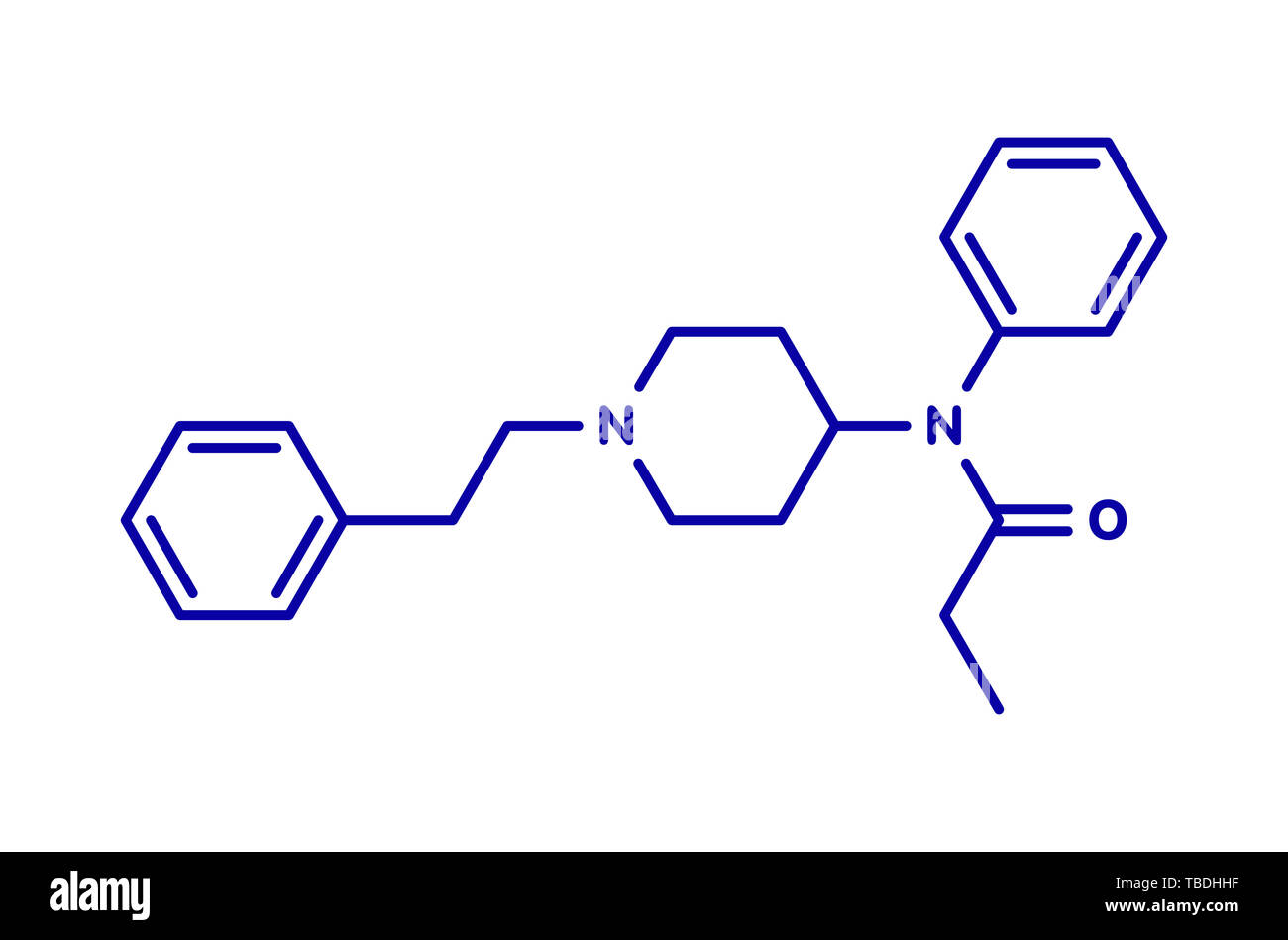 Fentanil (fentanyl) molécule du médicament analgésique opioïde. Formule topologique bleu sur fond blanc. Banque D'Images