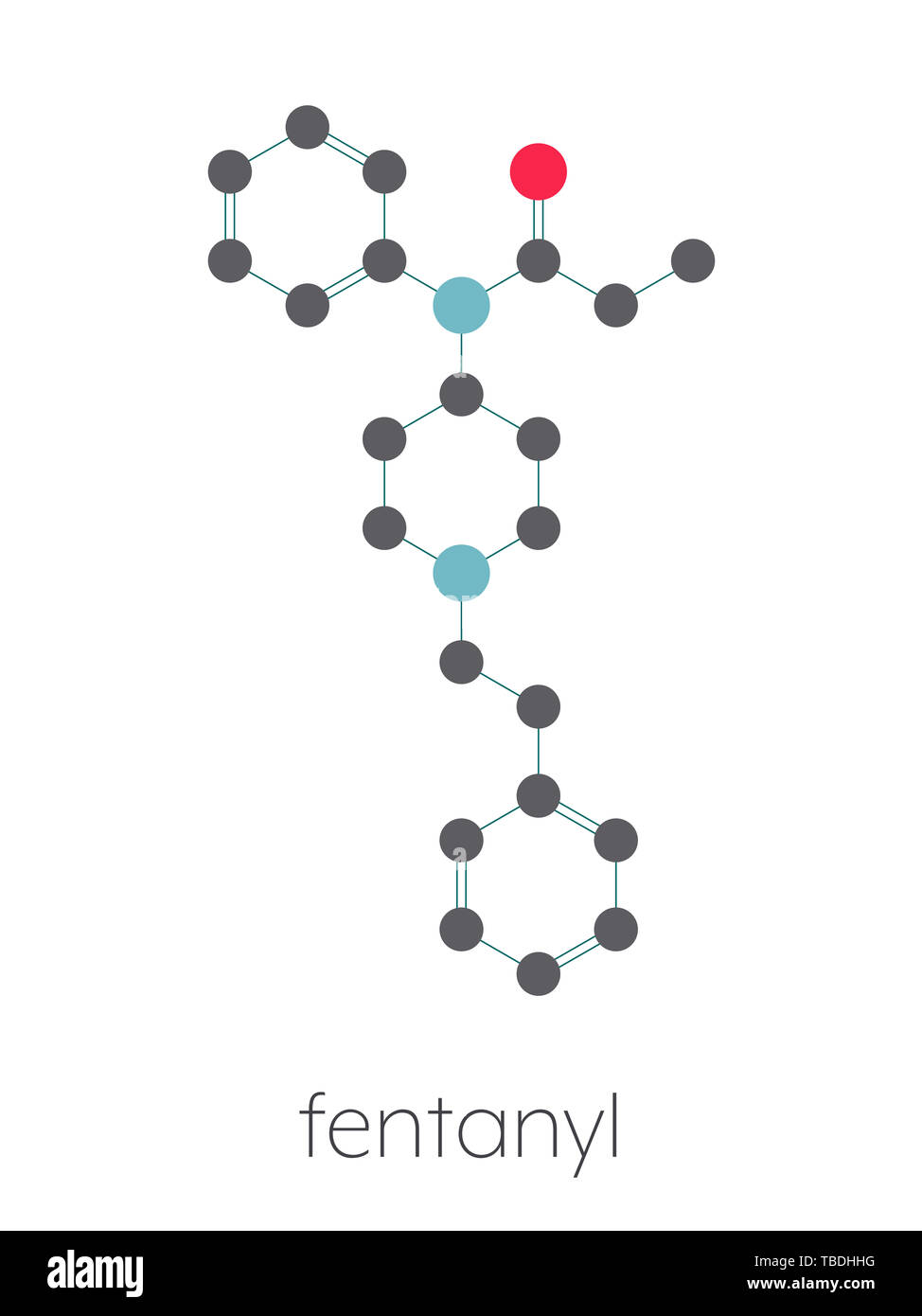 Fentanil (fentanyl) molécule du médicament analgésique opioïde. Formule topologique stylisé (structure chimique). Les atomes sont représentés par des cercles de couleur connecté par des obligations, sur fond blanc : l'hydrogène (caché), carbone (gris), l'oxygène (rouge), l'azote (bleu) Banque D'Images