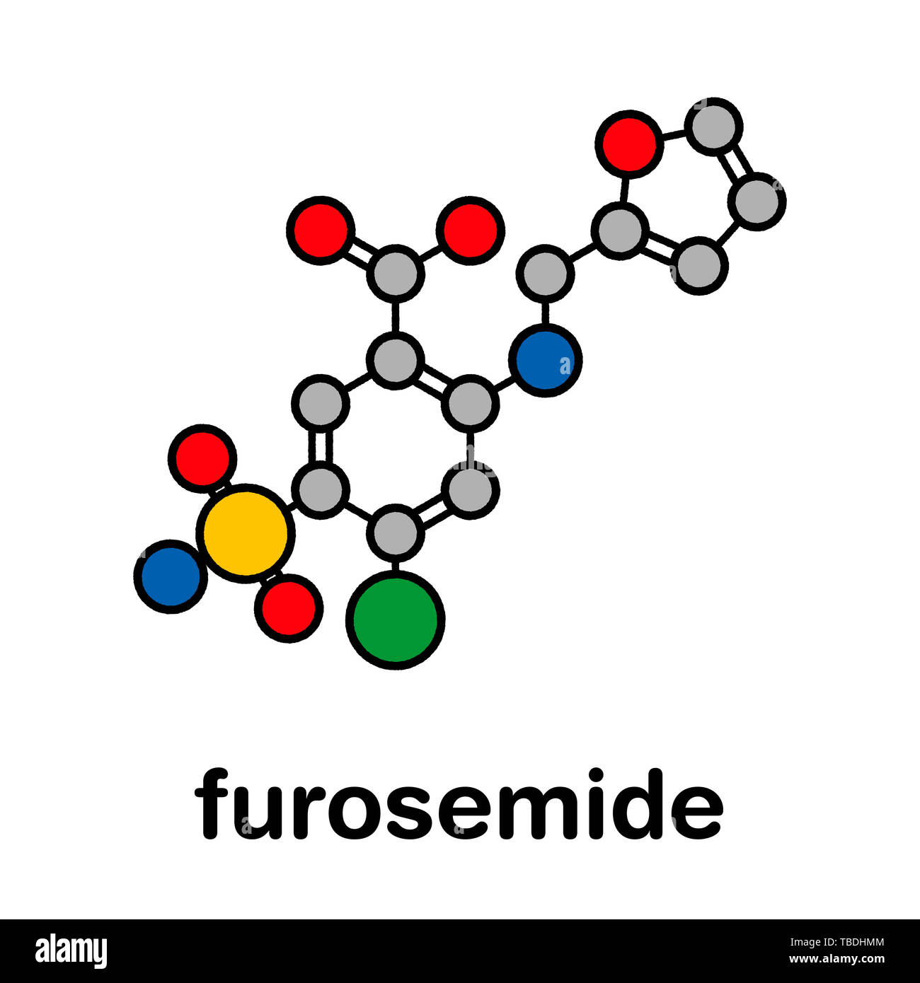 Diurétique furosémide molécule pharmaceutique. Médicalement utilisé pour traiter l'hypertension. Aussi utilisé comme agent masquant le dopage dans le sport. Formule topologique stylisé (structure chimique). Les atomes sont représentés par des cercles de couleur noire avec une épaisseur de l'Énonce et obligations : l'hydrogène (caché), carbone (gris), l'azote (bleu), l'oxygène (rouge), le chlore (vert), le soufre (jaune) Banque D'Images