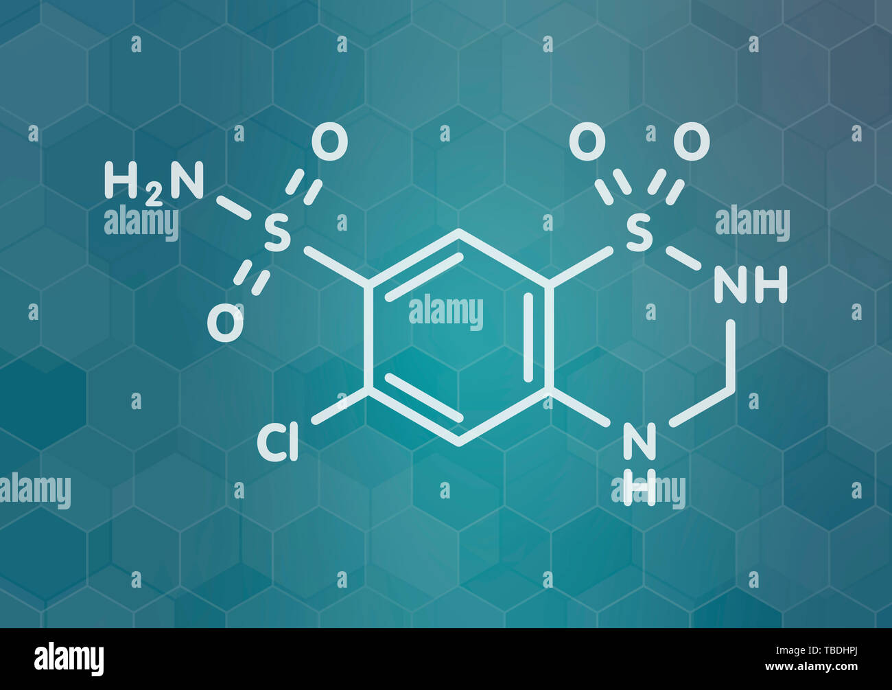 Diurétique Hydrochlorothiazide molécule pharmaceutique. White formule topologique sur dark teal background avec modèle hexagonal. Banque D'Images