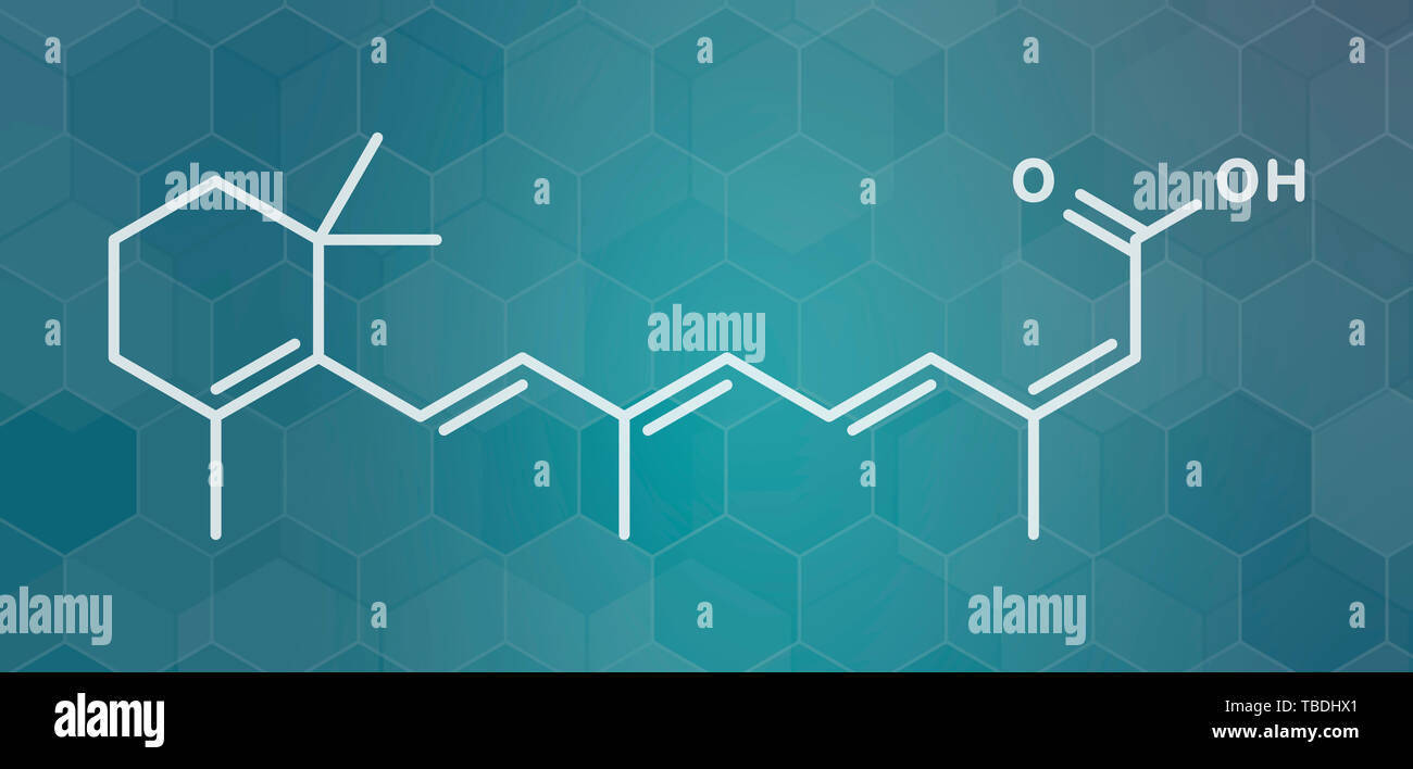 L'isotrétinoïne acné Traitement molécule pharmaceutique. Connu pour être un agent tératogène (cause des anomalies congénitales). White formule topologique sur dark teal background avec modèle hexagonal. Banque D'Images