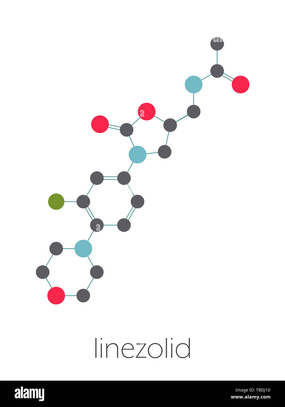Médicament antibiotique oxazolidinone linézolide (classe) molécule. Formule topologique stylisé (structure chimique). Les atomes sont représentés par des cercles de couleur connecté par des obligations, sur fond blanc : l'hydrogène (caché), carbone (gris), l'azote (bleu), l'oxygène (rouge), le fluor (vert). Banque D'Images