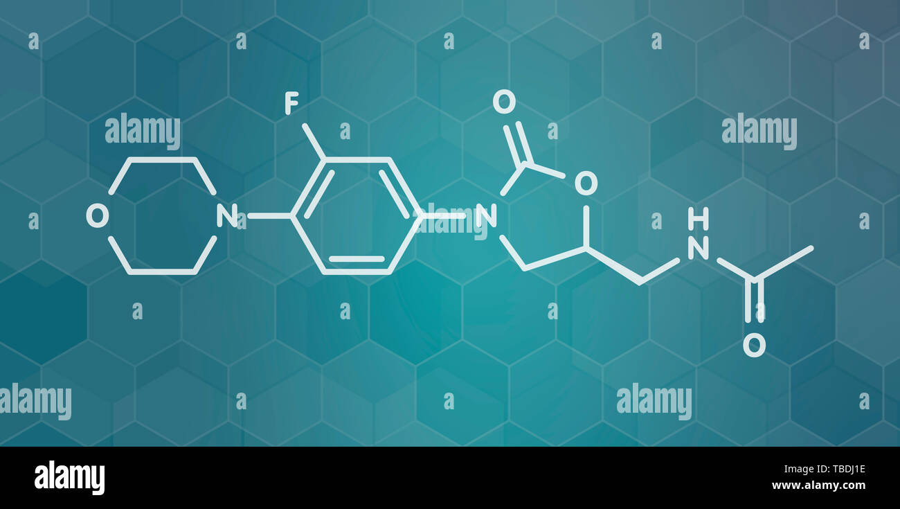 Médicament antibiotique oxazolidinone linézolide (classe) molécule. White formule topologique sur dark teal background avec modèle hexagonal. Banque D'Images
