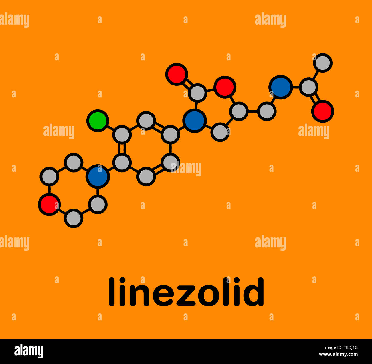 Médicament antibiotique oxazolidinone linézolide (classe) molécule. Formule topologique stylisé (structure chimique). Les atomes sont représentés par des cercles de couleur noire avec une épaisseur de l'Énonce et obligations : l'hydrogène (caché), carbone (gris), l'azote (bleu), l'oxygène (rouge), le fluor (vert). Banque D'Images
