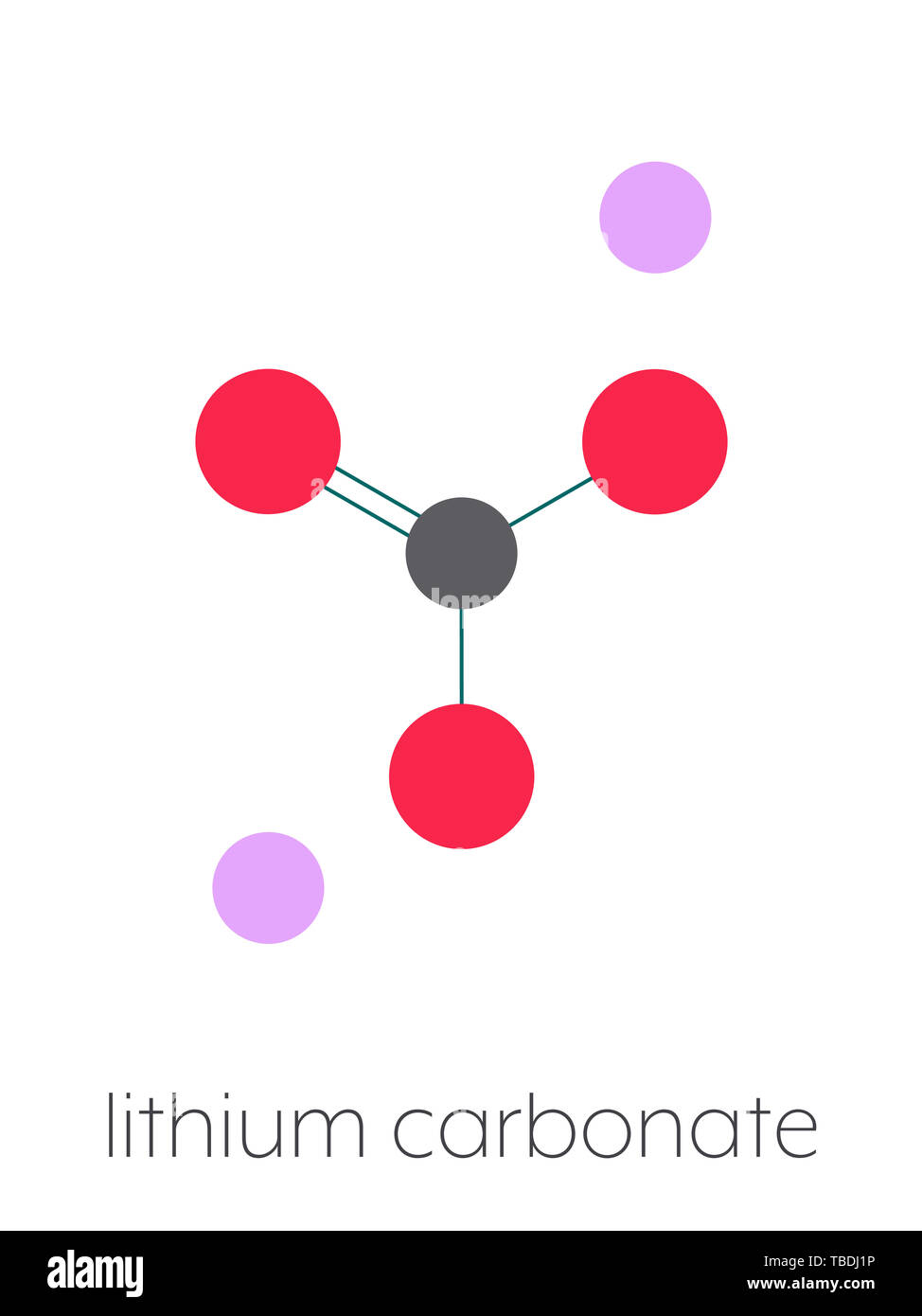 Le carbonate de lithium (Li2CO3) le trouble bipolaire molécule pharmaceutique. Formule topologique stylisé (structure chimique). Les atomes sont représentés par des cercles de couleur connecté par des obligations, sur fond blanc : carbone (gris), l'oxygène (rouge), le lithium (violet) Banque D'Images