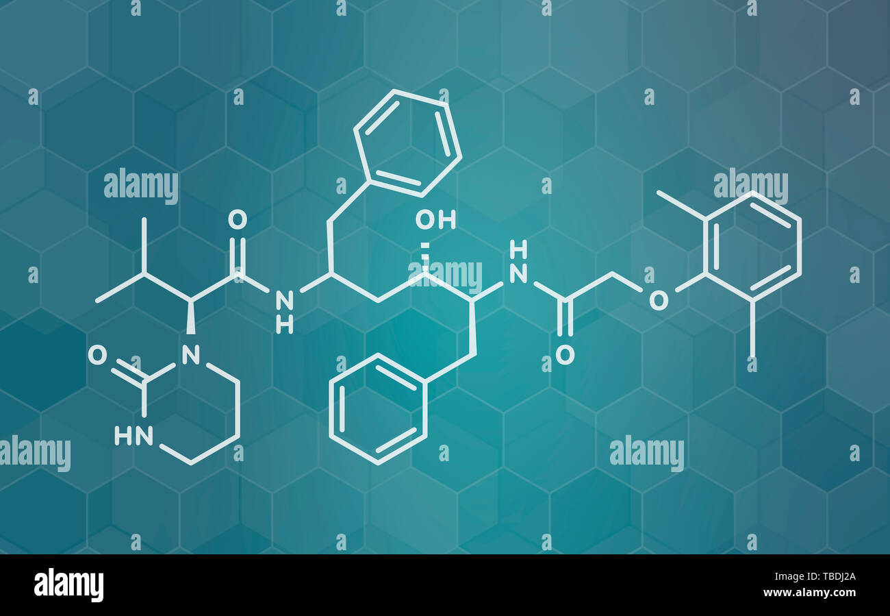 Le VIH Lopinavir molécule pharmaceutique. Antirétroviraux de la classe des inhibiteurs de protéase. White formule topologique sur dark teal background avec modèle hexagonal. Banque D'Images