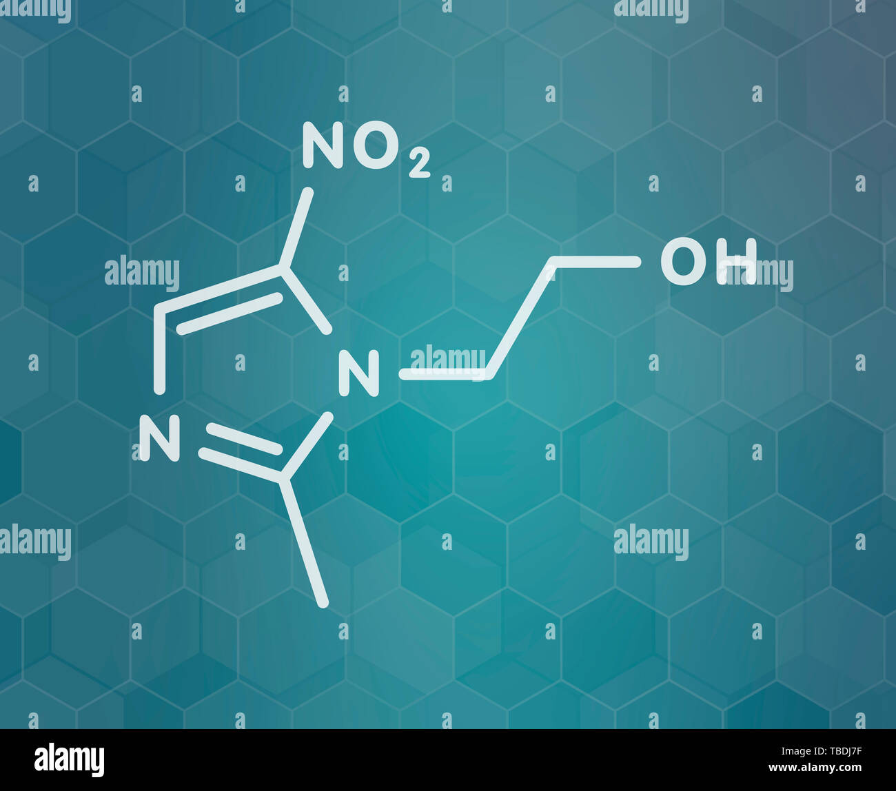 Metronidazole antibiotique nitroimidazole (classe) molécule. White formule topologique sur dark teal background avec modèle hexagonal. Banque D'Images