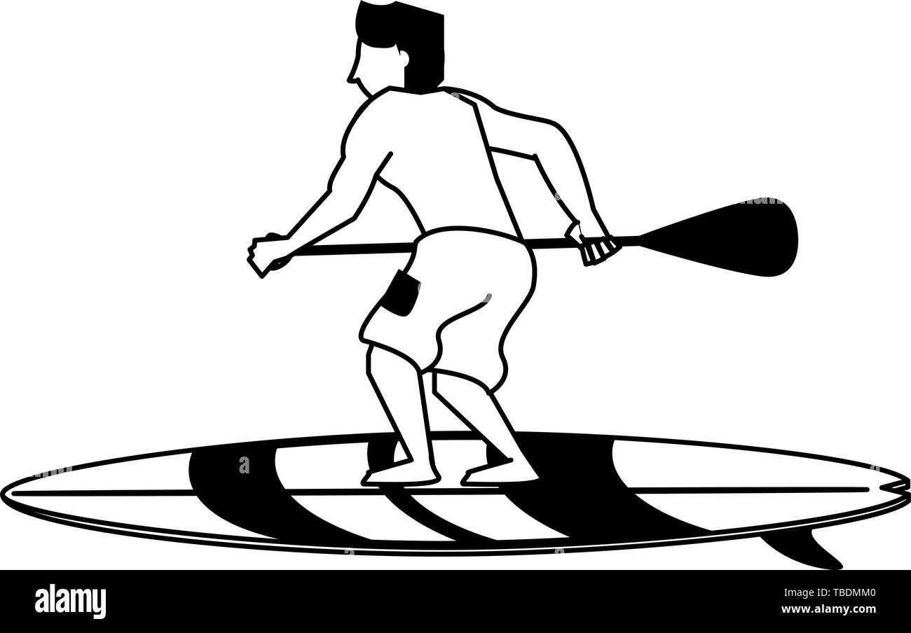 Jeune homme avec de l'aviron sur table surf cartoon isolées en noir et blanc Illustration de Vecteur