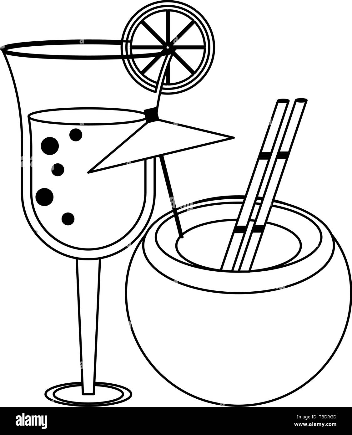 Des cocktails de plage en été isolé de dessin animé en noir et blanc Illustration de Vecteur