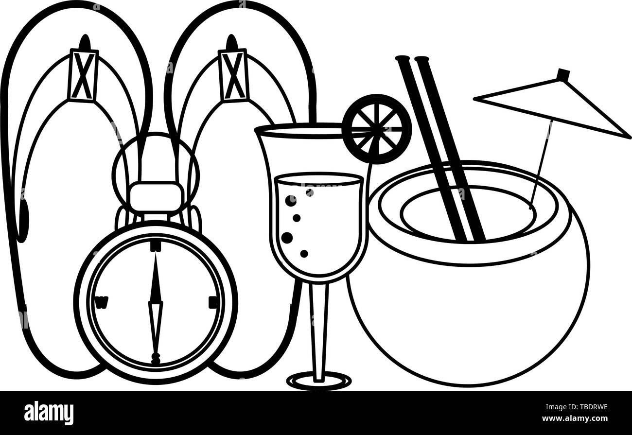 L'été et les vacances à la plage dessins animés en noir et blanc Illustration de Vecteur