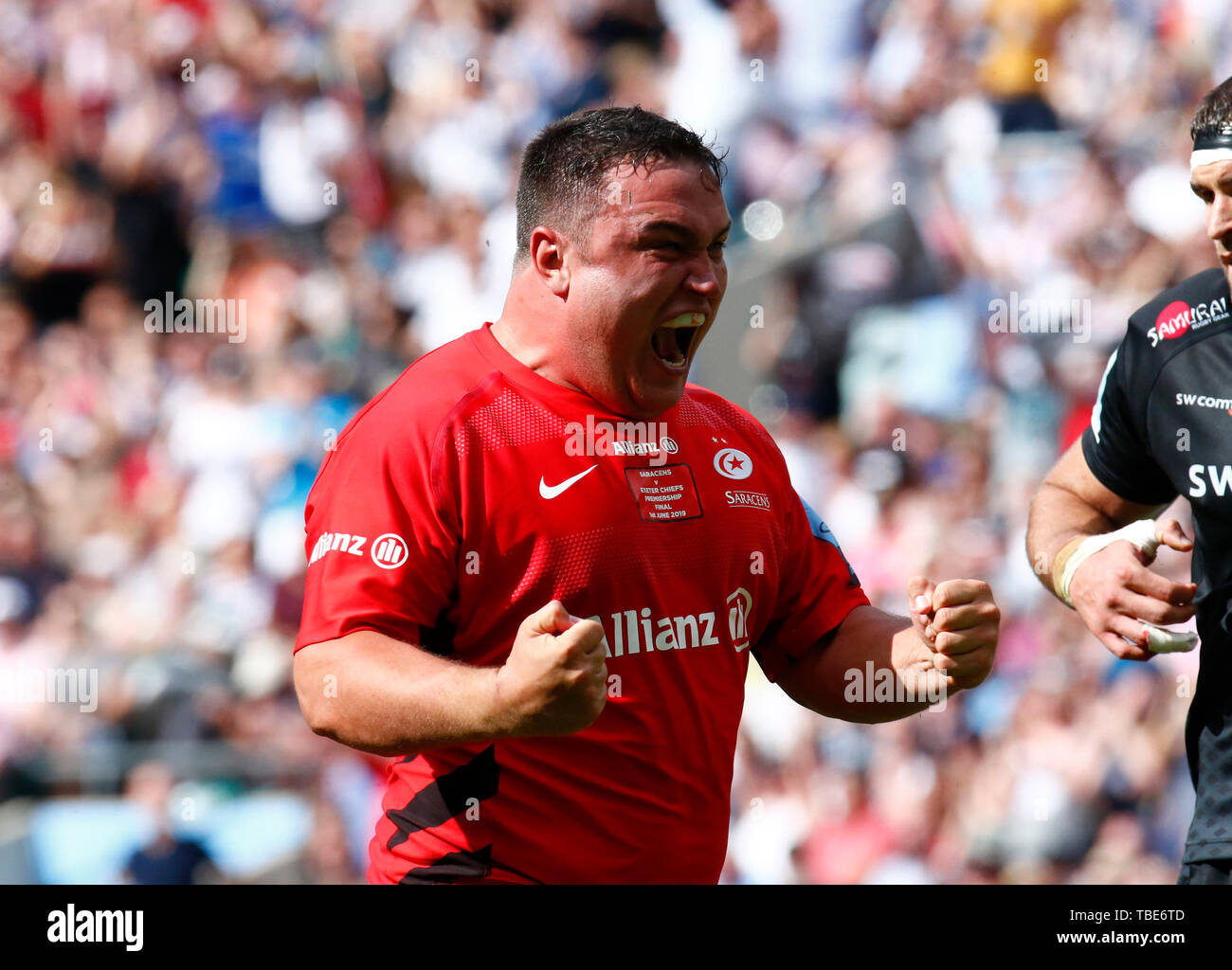 Londres, Royaume-Uni. 01 Juin, 2019. Jamie George de Saracens célébrer le gagnant essayer pendant Gallagher Premiership Rugby finale entre Exeter Chiefs et Sarrasins au stade de Twickenham, Londres, le 01 juin 2019 : Crédit photo Action Sport/Alamy Live News Banque D'Images