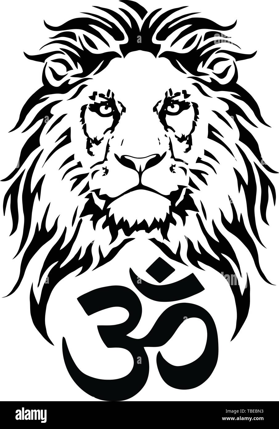 Lion et le symbole de l'hindou (OM), dessin de tatouage, sur un fond blanc, vector Illustration de Vecteur