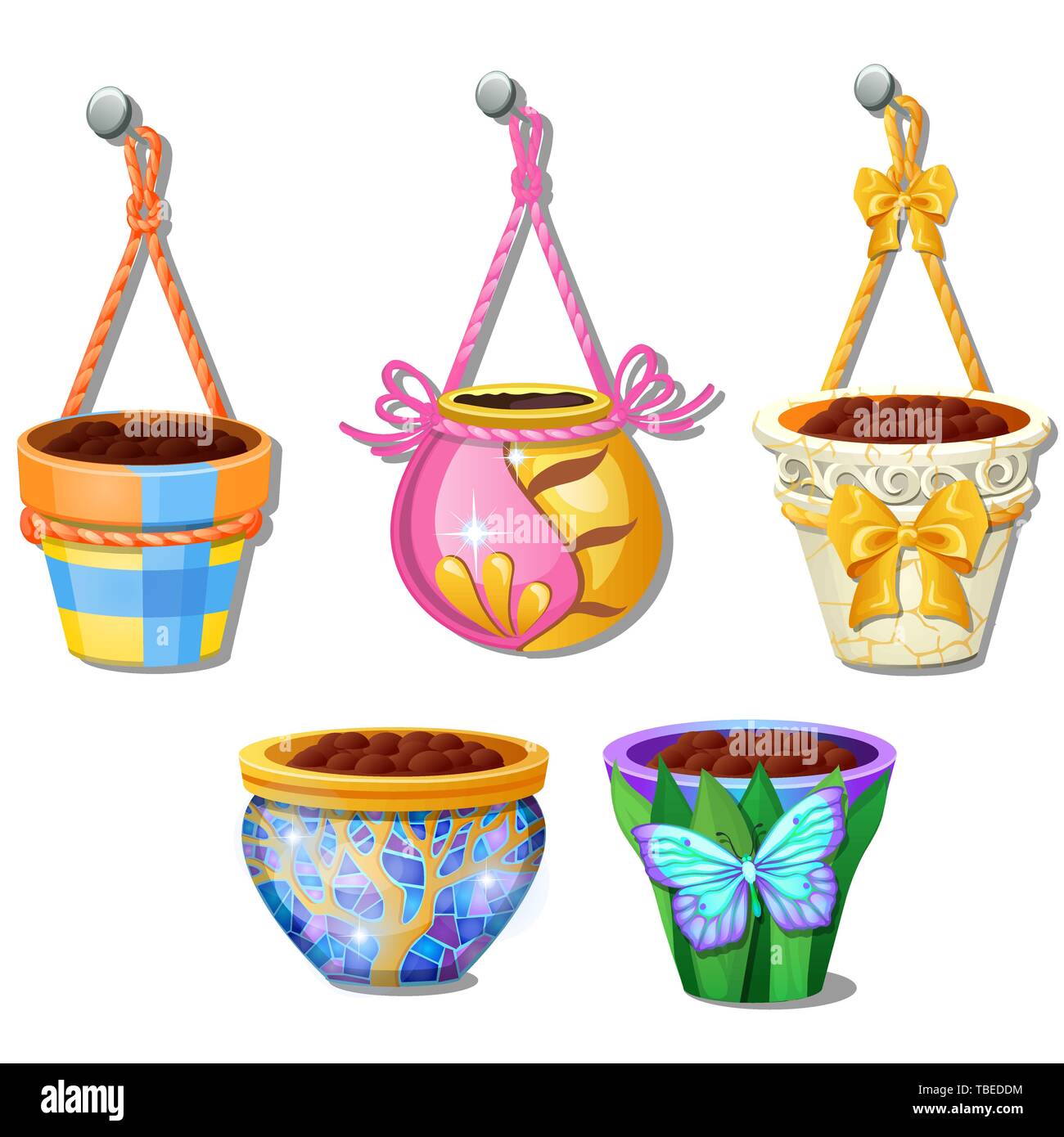 Ensemble de pots de fleurs suspendus à la corde isolé sur fond blanc. Cartoon Vector illustration close-up. Illustration de Vecteur