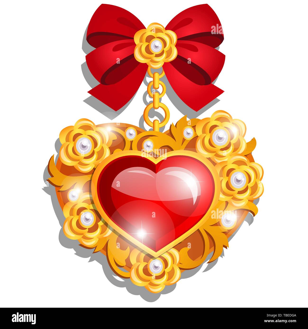 Une belle médaille dans la forme d'un cœur rouge faite de pierres mis en or avec ribbon bow isolé sur fond blanc. Un symbole d'amour et de Illustration de Vecteur