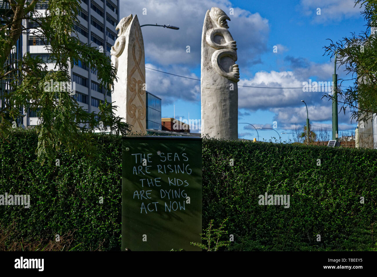Le changement climatique en grafitting le parlement néo-zélandais motif à Wellington Banque D'Images